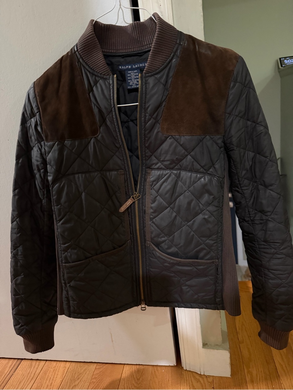 Ralph Lauren Dark Brown Quilted Bomber Jacket with Suede Panels